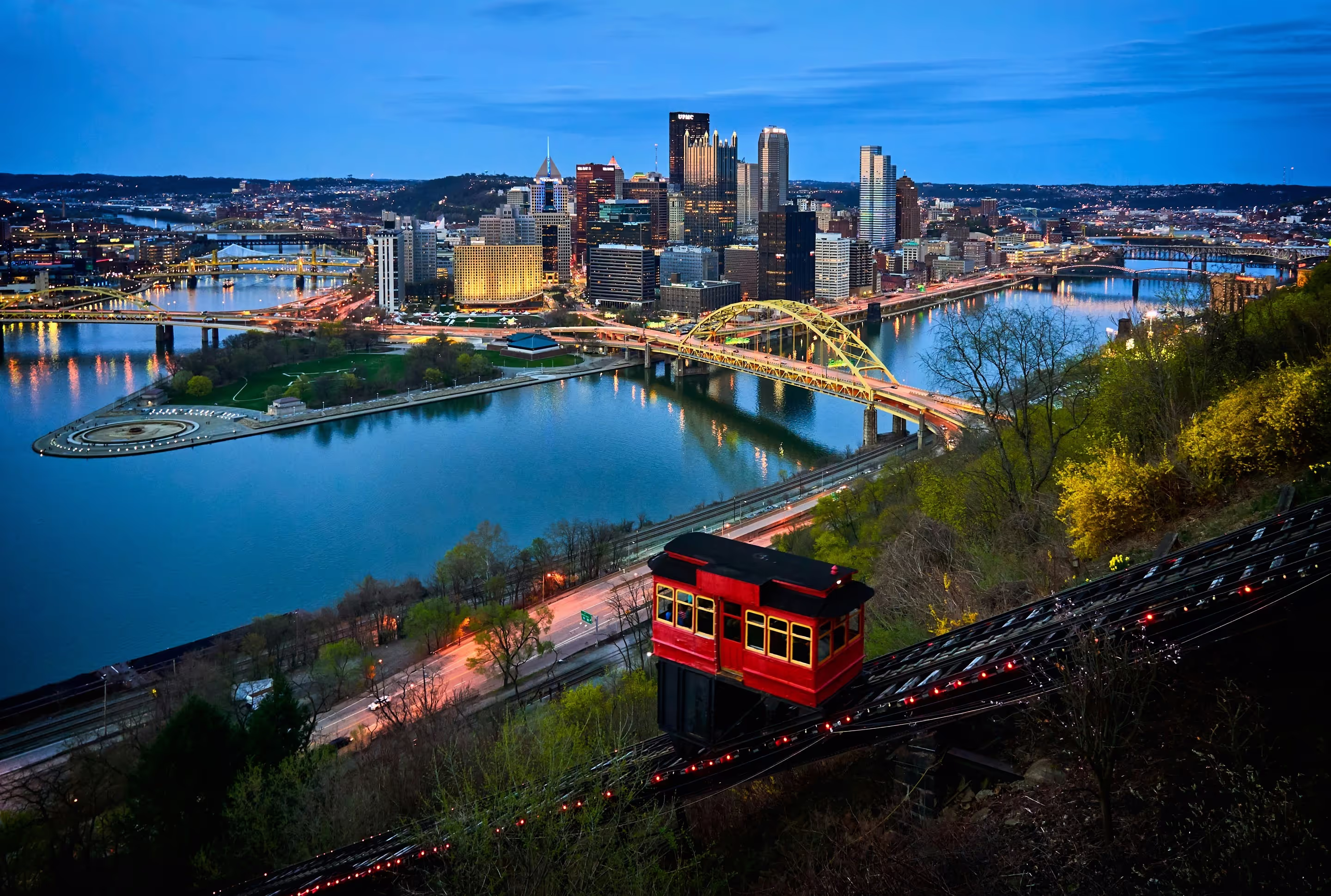 Pittsburgh skyline with its iconic yellow bridges